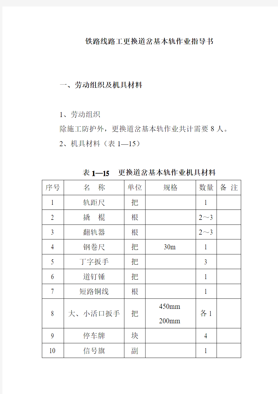 铁路线路工更换道岔基本轨作业指导书