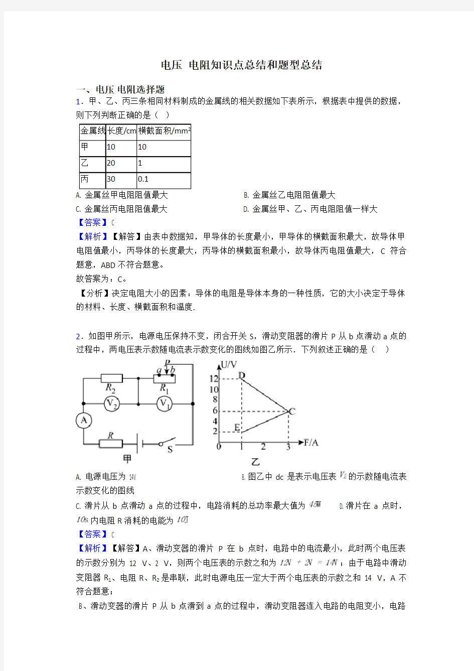 电压 电阻知识点总结和题型总结