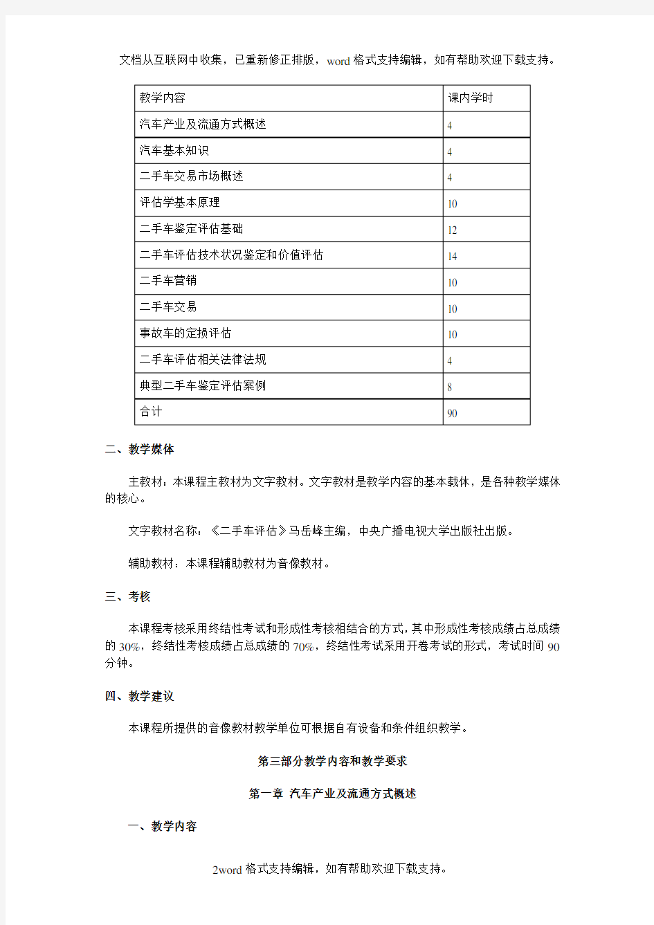 二手车评估课程教学大纲