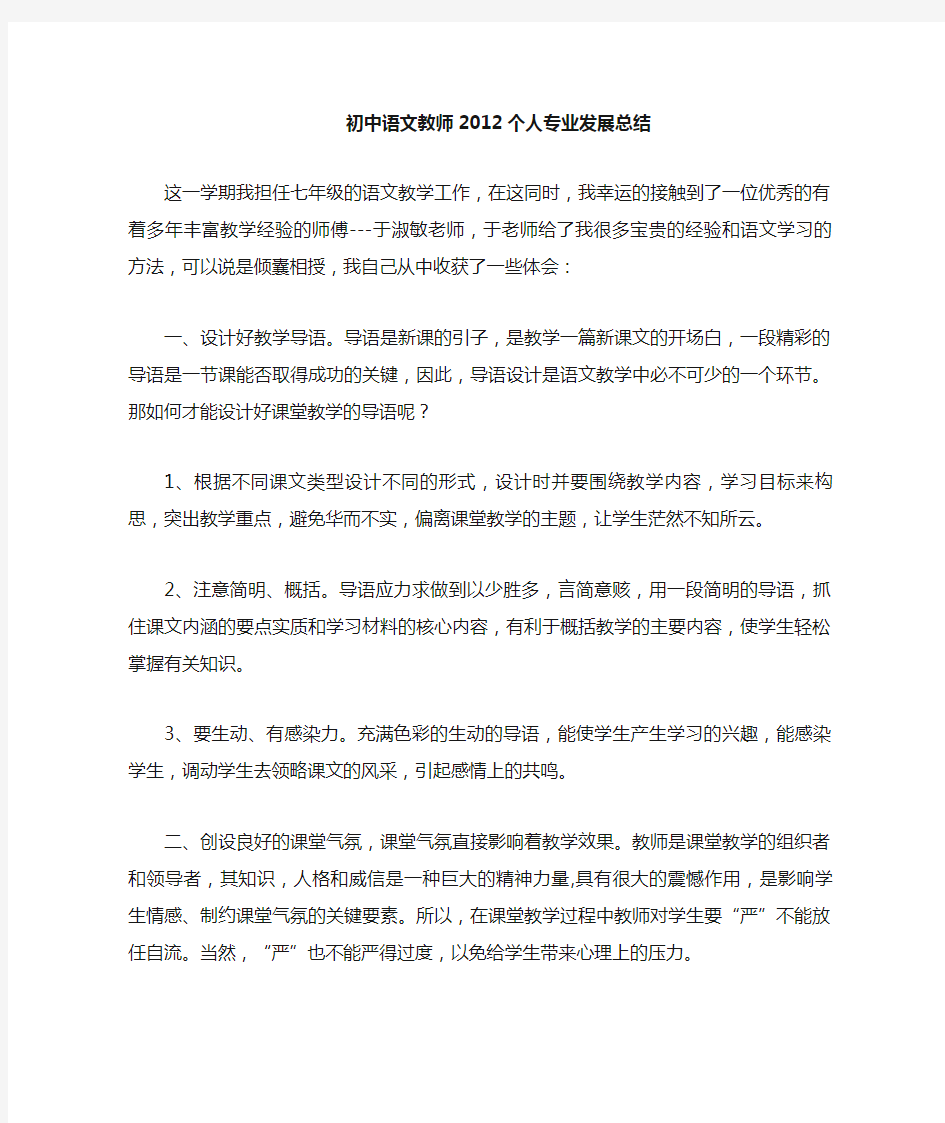 初中语文教师个人专业发展总结