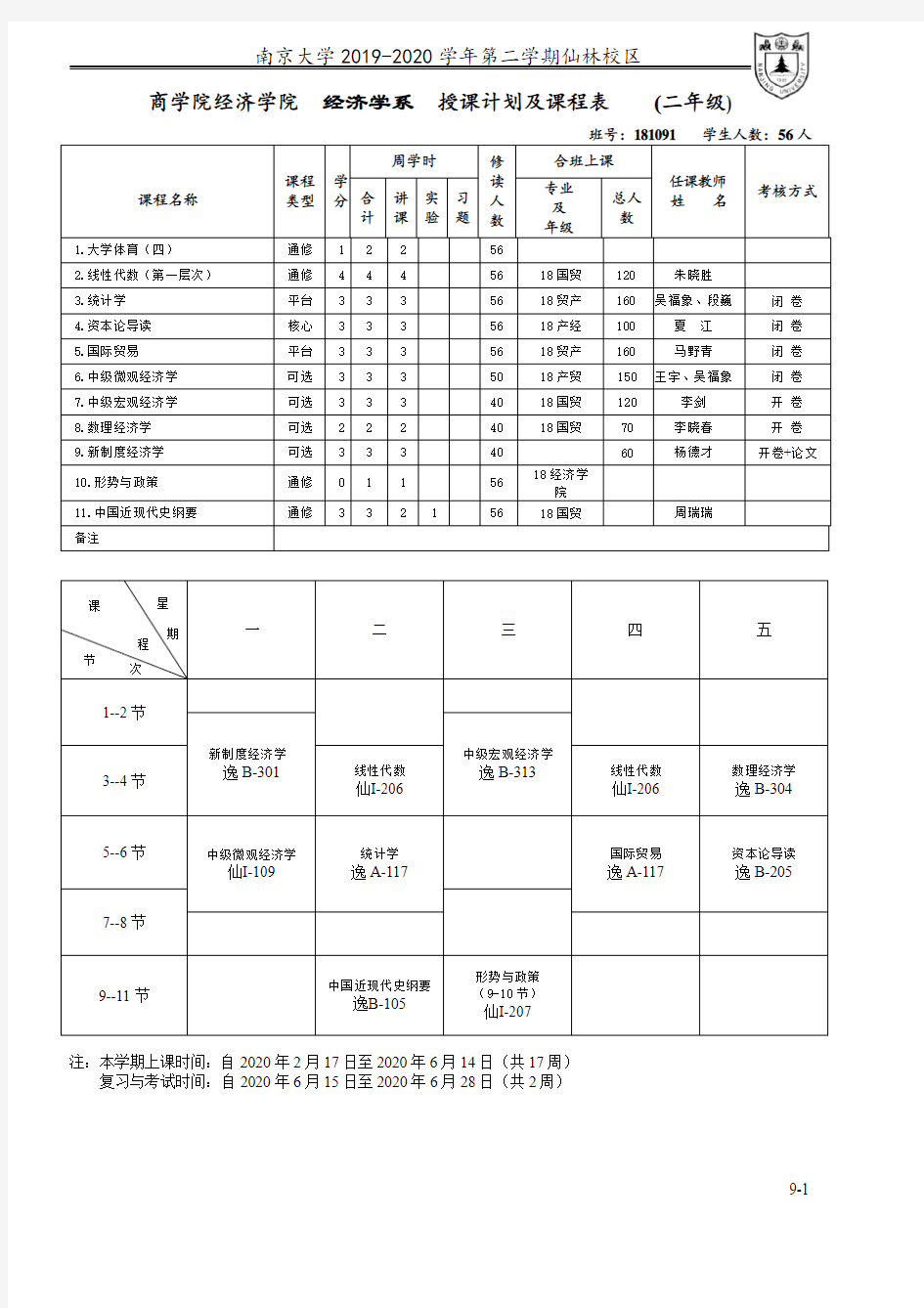 商学院经济学院经济学系授课计划及课程表