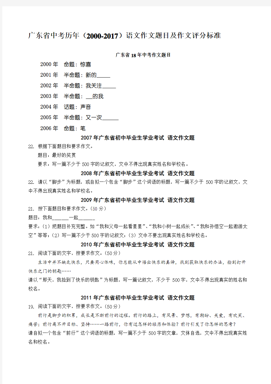 广东省中考语文历年(2000-2017)作文题目及作文评分标准(1)