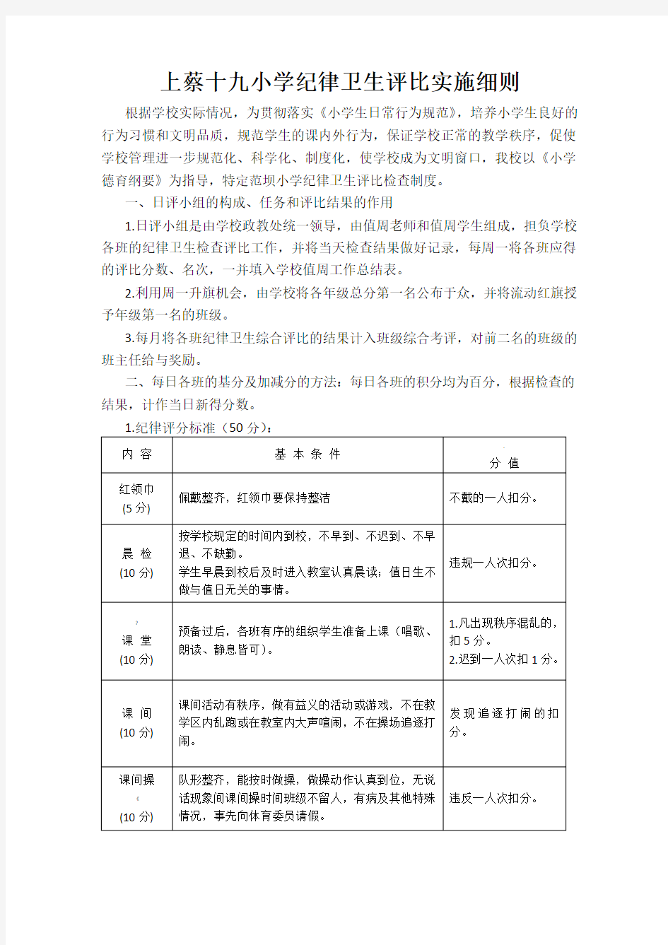 小学纪律卫生评比细则