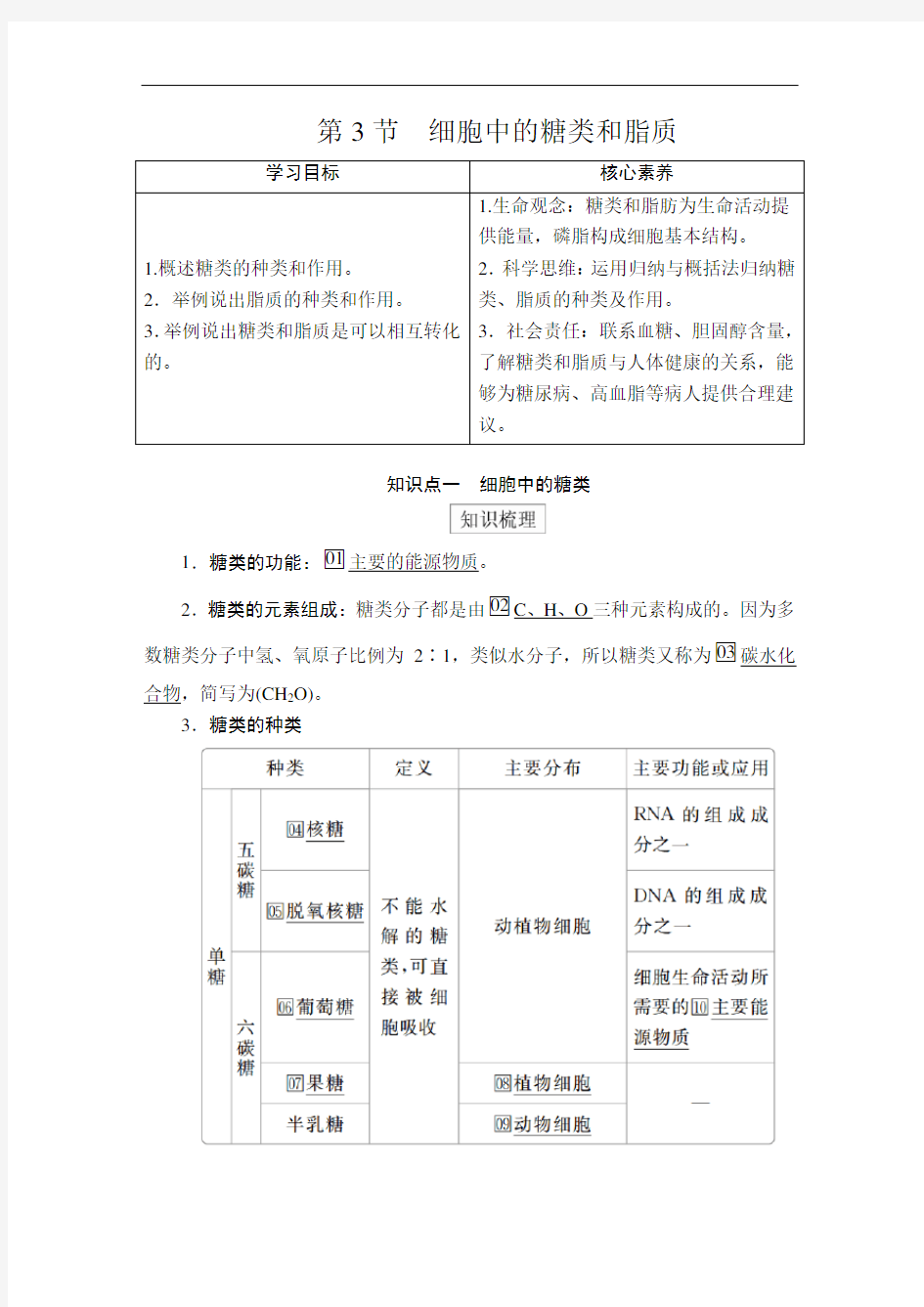 高中生物(新教材)《细胞中的糖类和脂质》导学案+课后练习题