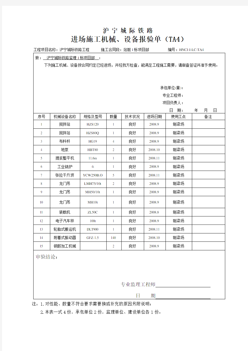 进场机械设备、人员报验单