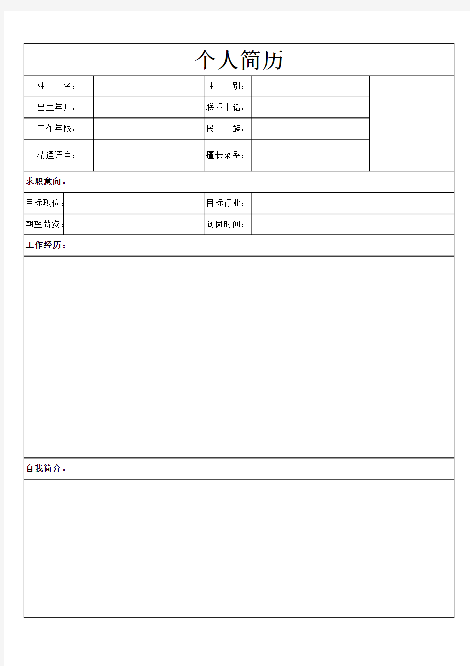 厨师简历空白模板(本人自制表格)