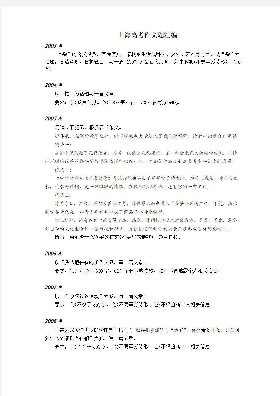 上海高考作文题汇编(2003～2013)