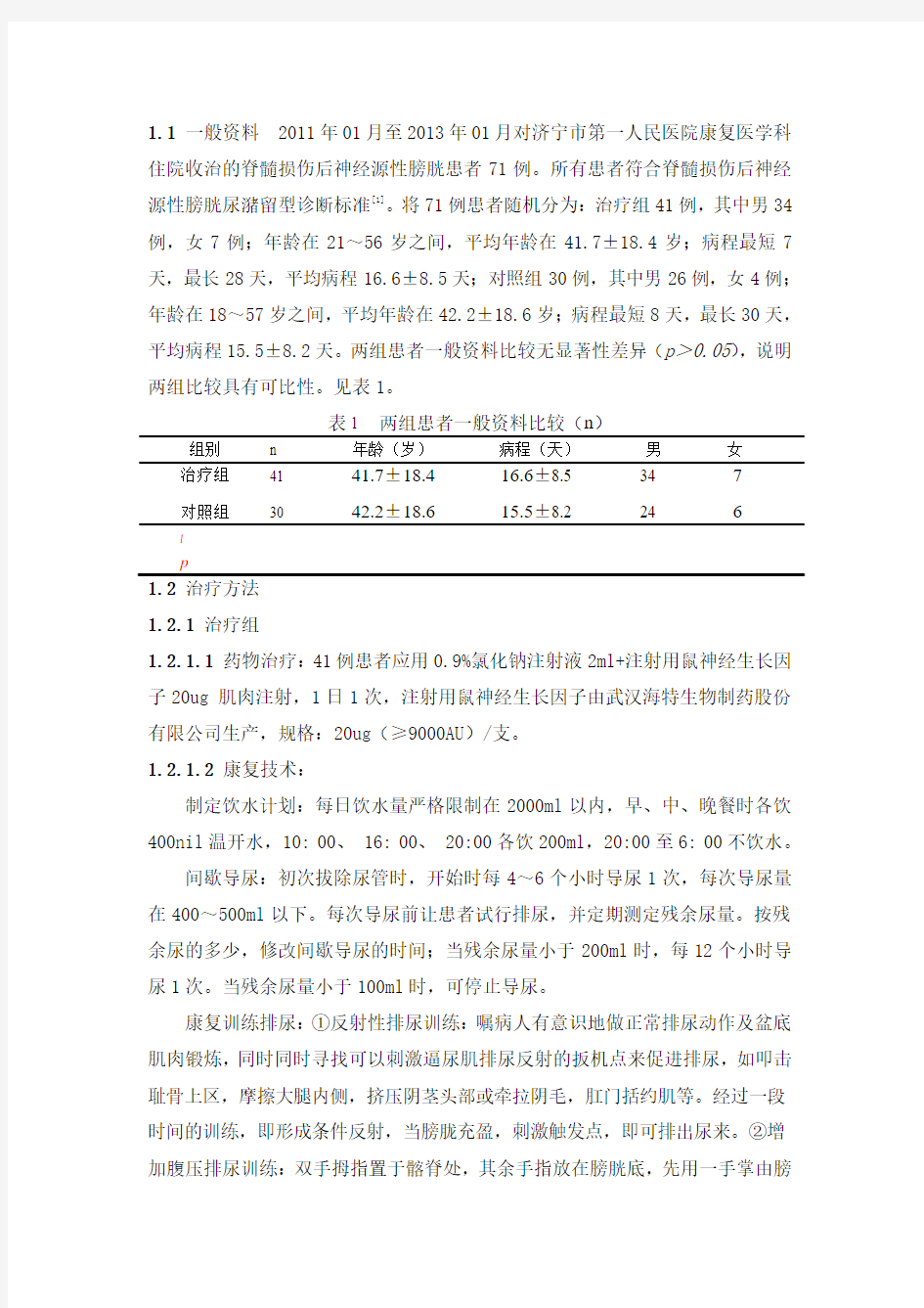 鼠神经生长因子合康复技术对脊髓损伤后神经源性膀胱治疗的研究