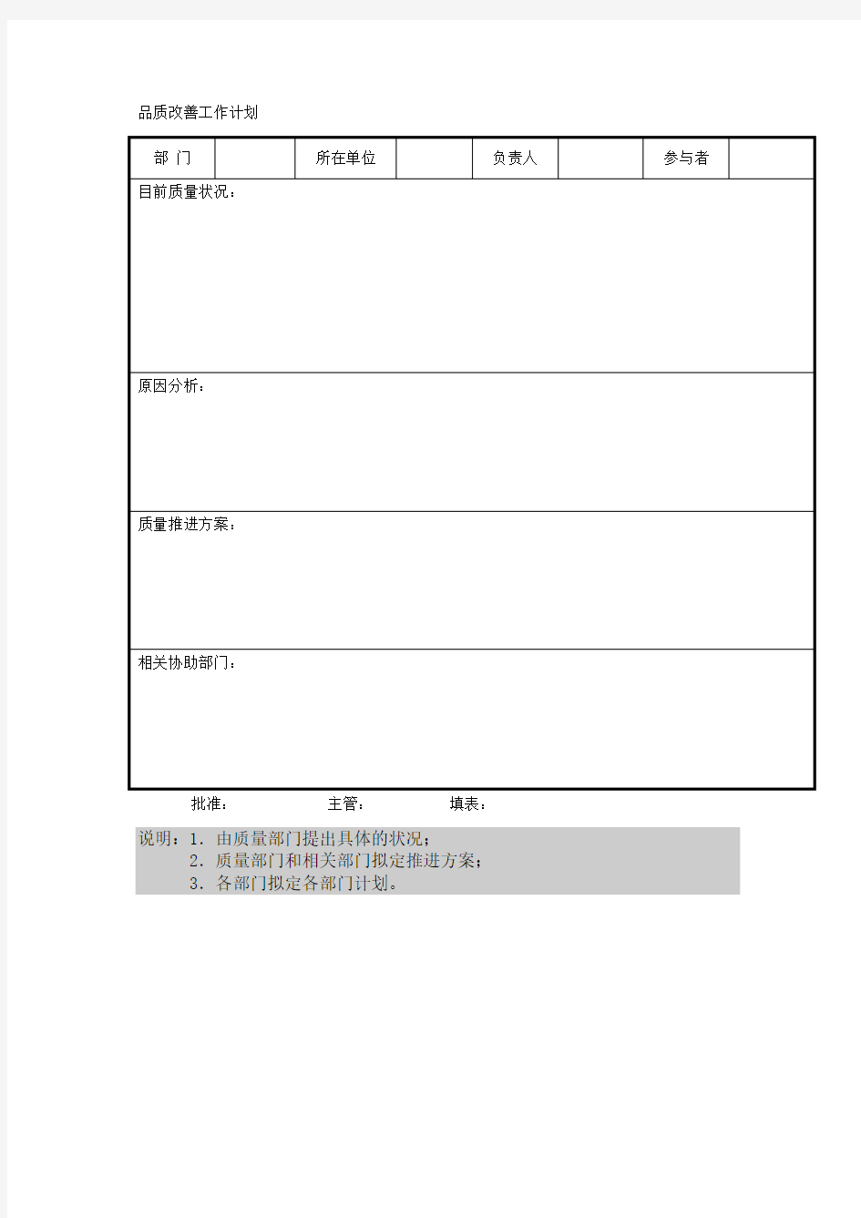 品质管理表格-品质改善工作计划模板范文