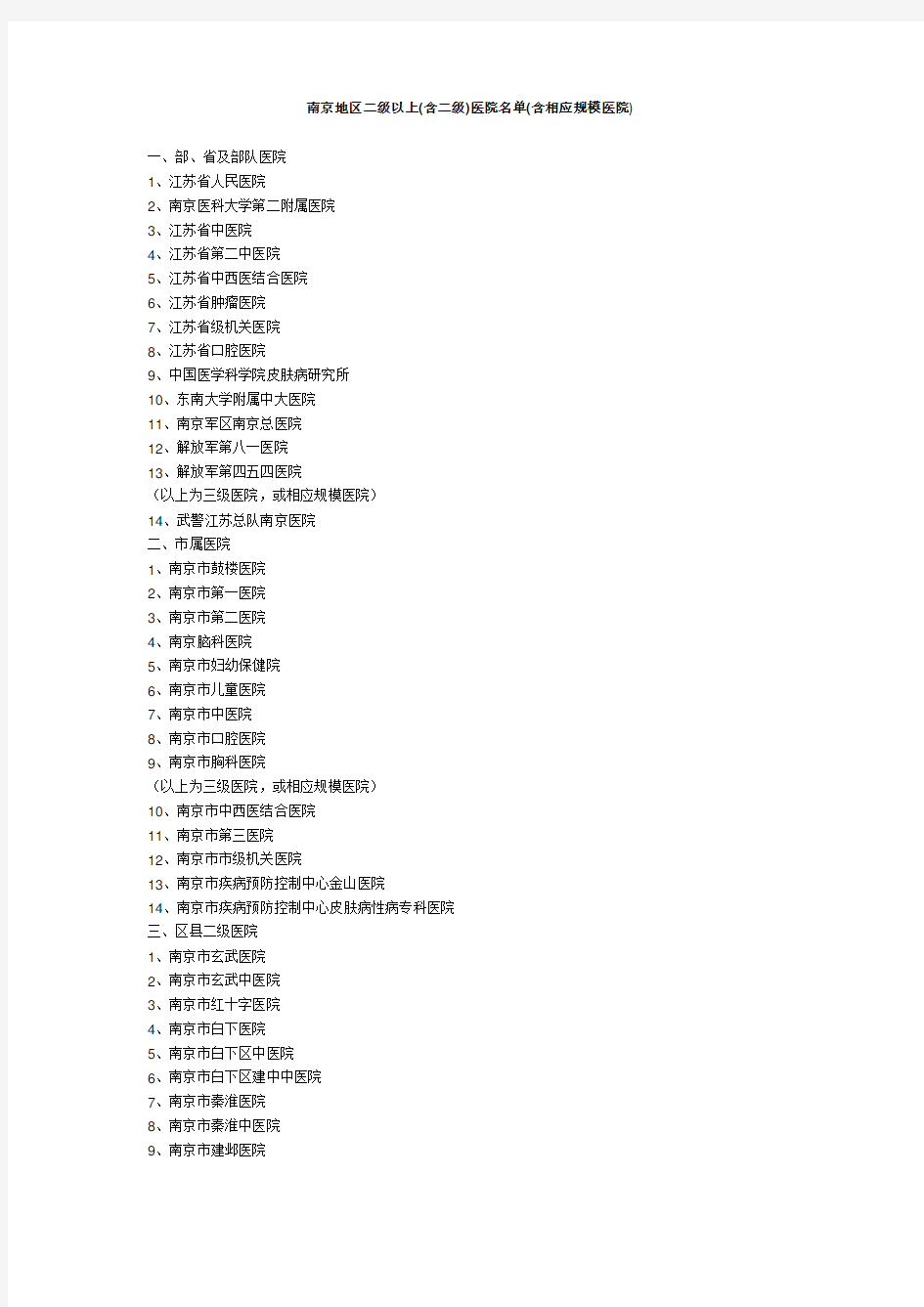 南京地区二级以上(含二级)医院名单(含相应规模医院)
