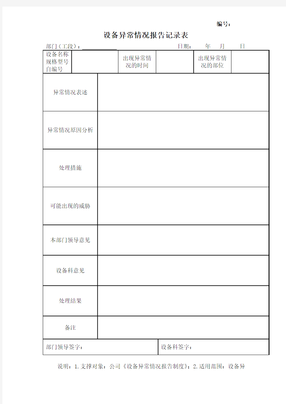 设备异常情况报告记录表