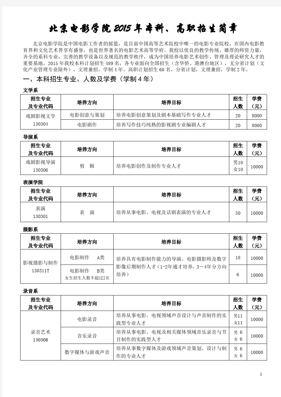 北京电影学院2015招生简章