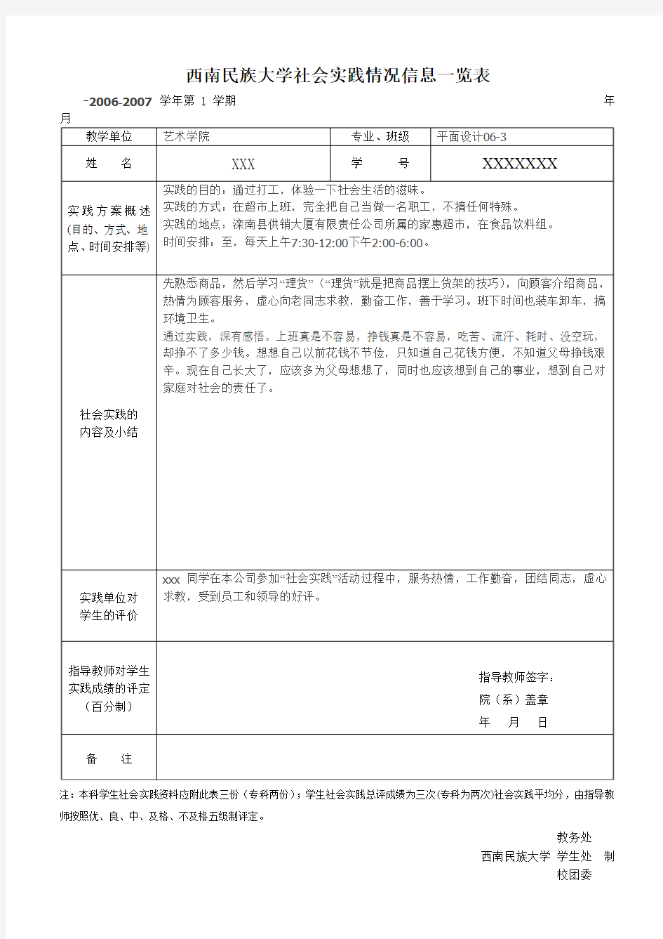 填写示范：西南民族大学社会实践情况信息一览表