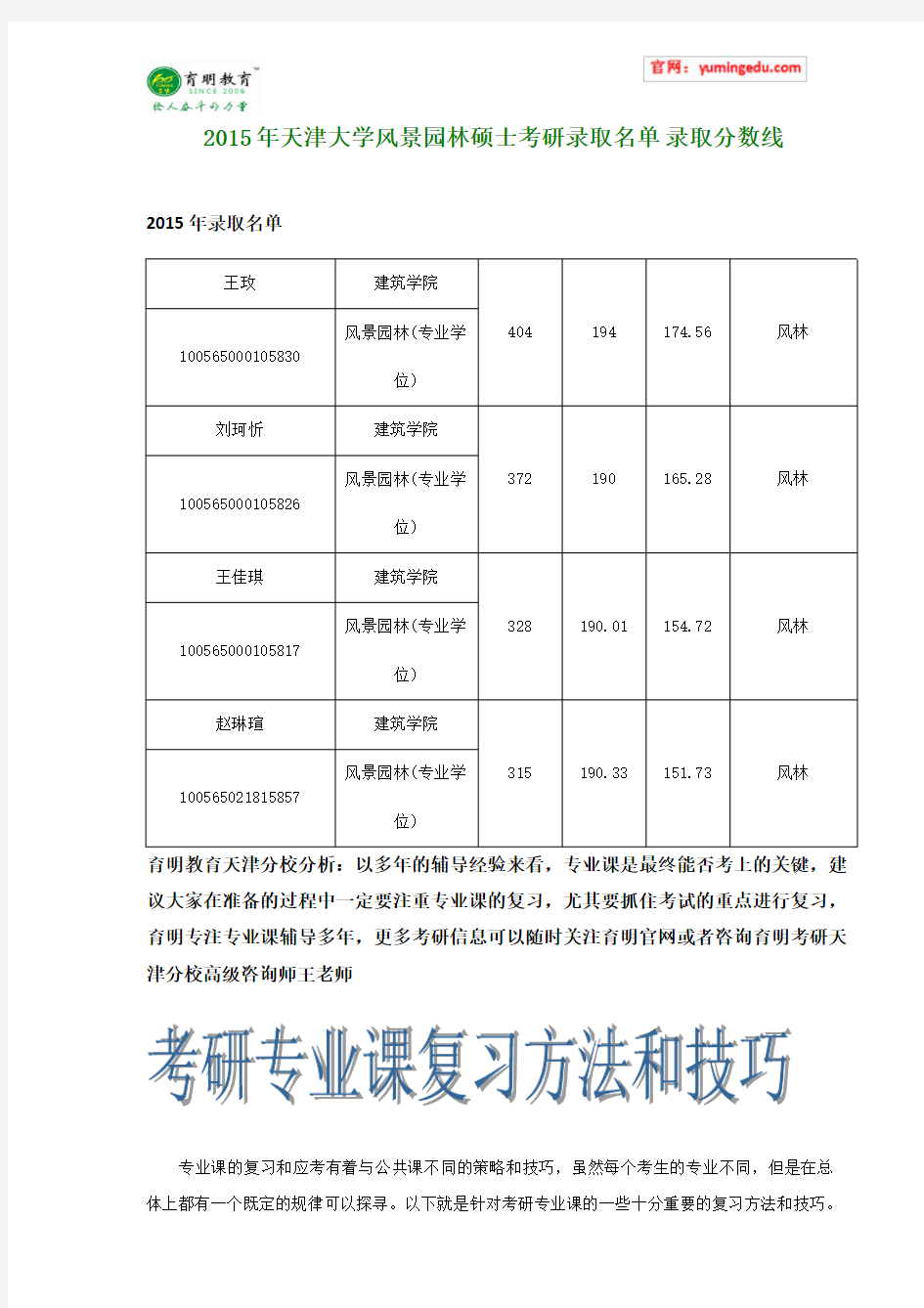 2015年天津大学风景园林硕士考研录取名单 录取分数线