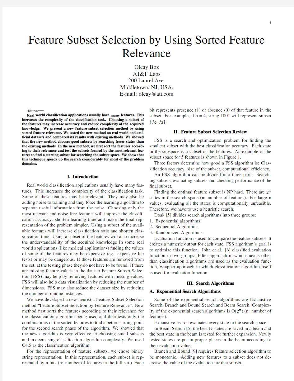 1 Feature Subset Selection by Using Sorted Feature Relevance