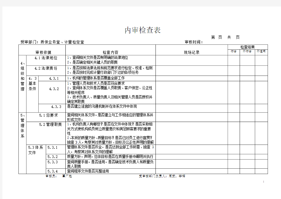 计量测试研究所内审检查表