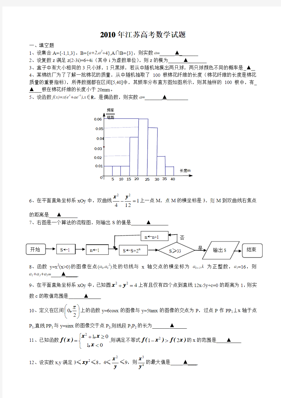2010江苏高考数学试卷和答案清晰版