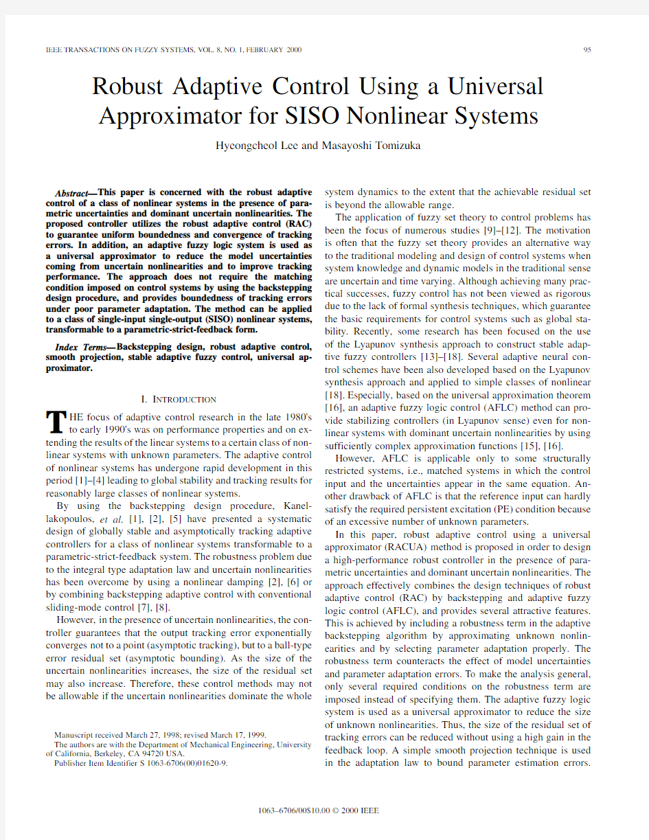 Robust Adaptive Control Using a Universal Approximator for SISO Nonlinear Systems