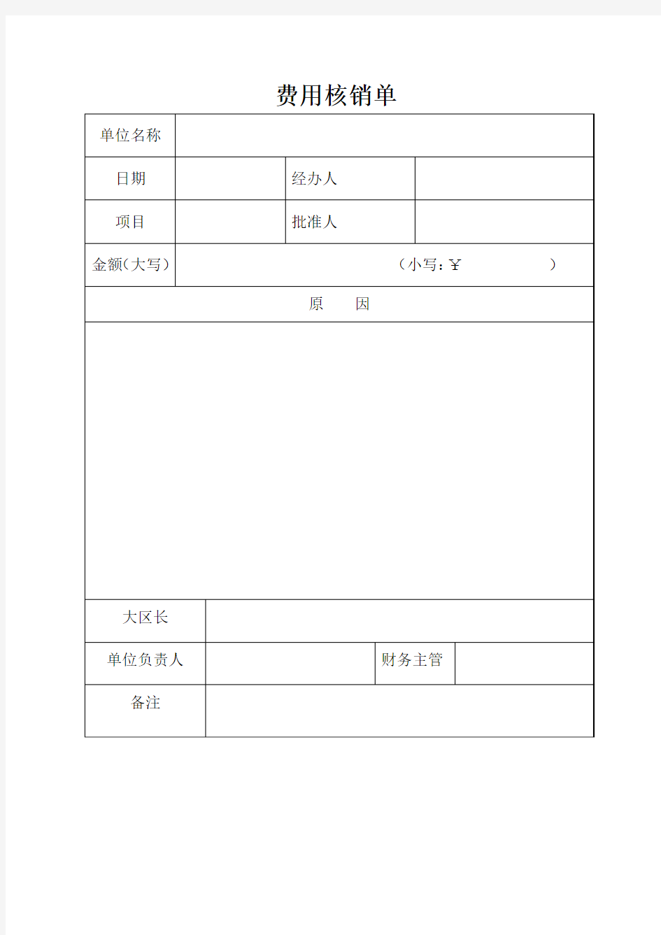 费用核销单表样