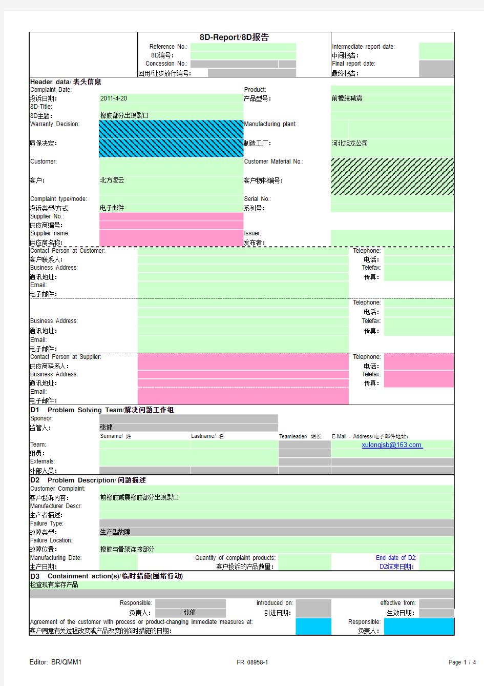 8D Report 中英文对照模板