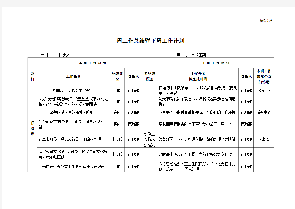 行政部工作日志(每周)