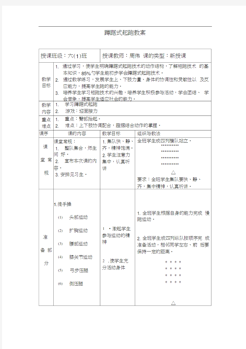 六年级体育公开课蹲踞式起跑教案