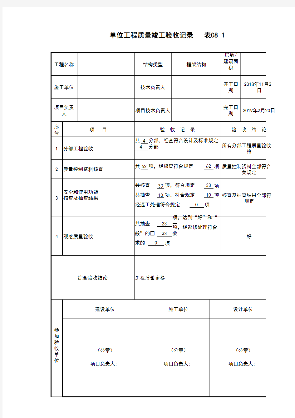 单位工程质量竣工验收记录(C8-1)