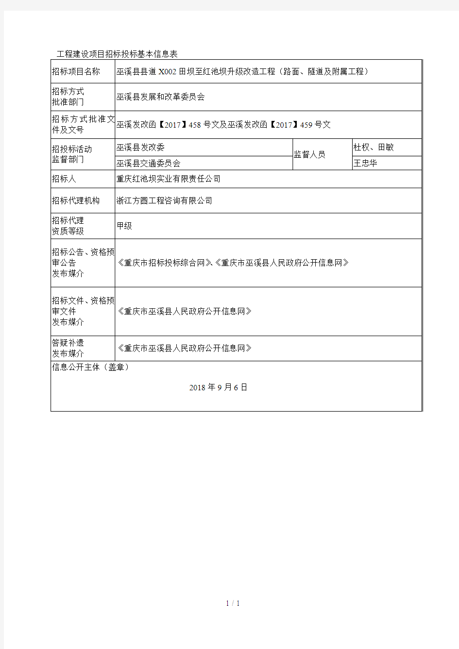 工程建设项目招标投标基本信息表