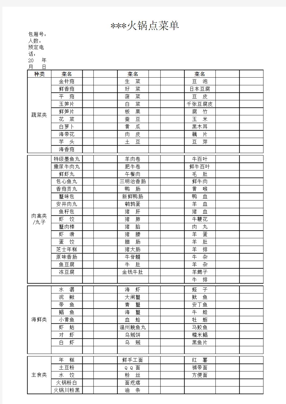 火锅店点菜单