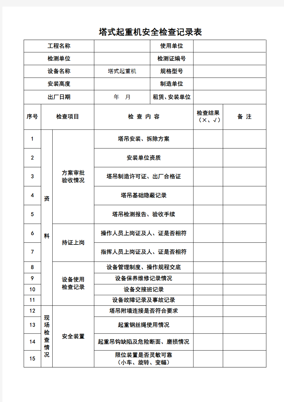 塔吊安全检查记录表 标准模板