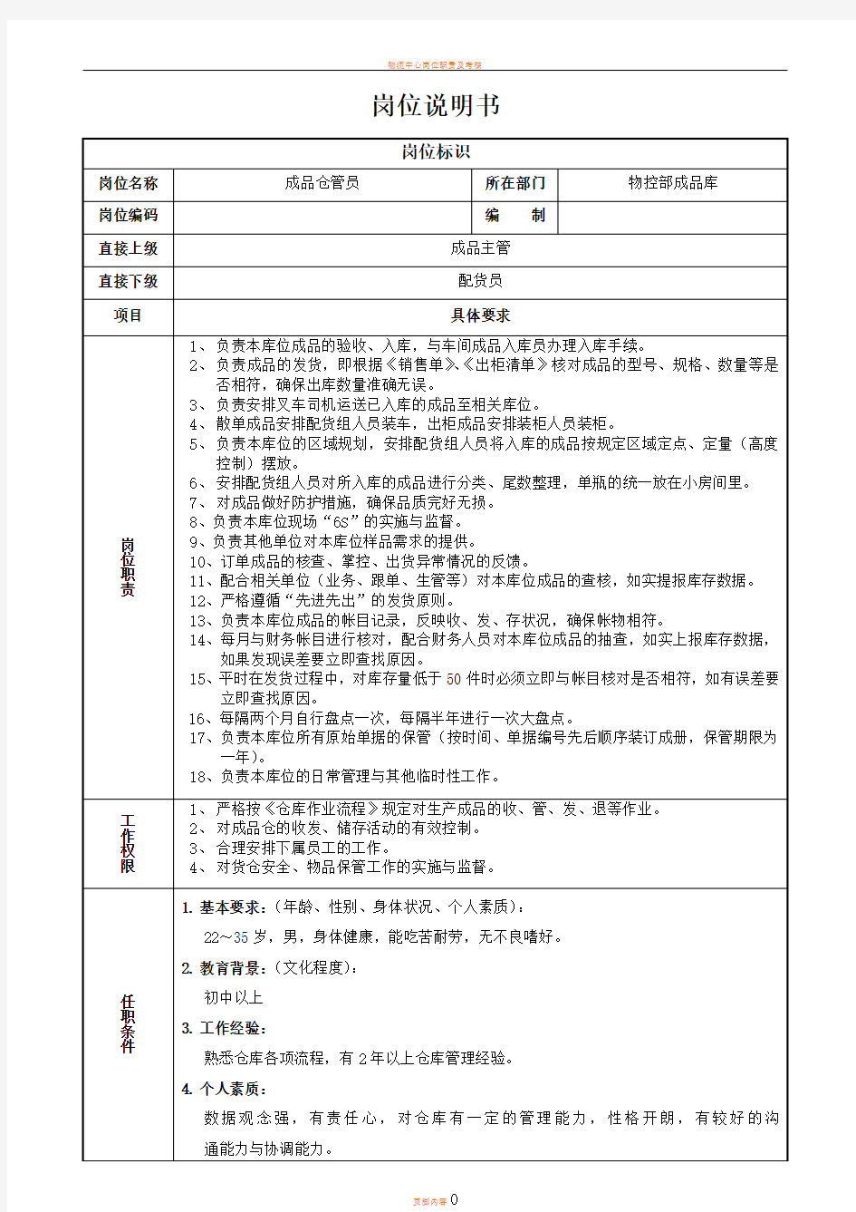 成品仓管岗位说明书