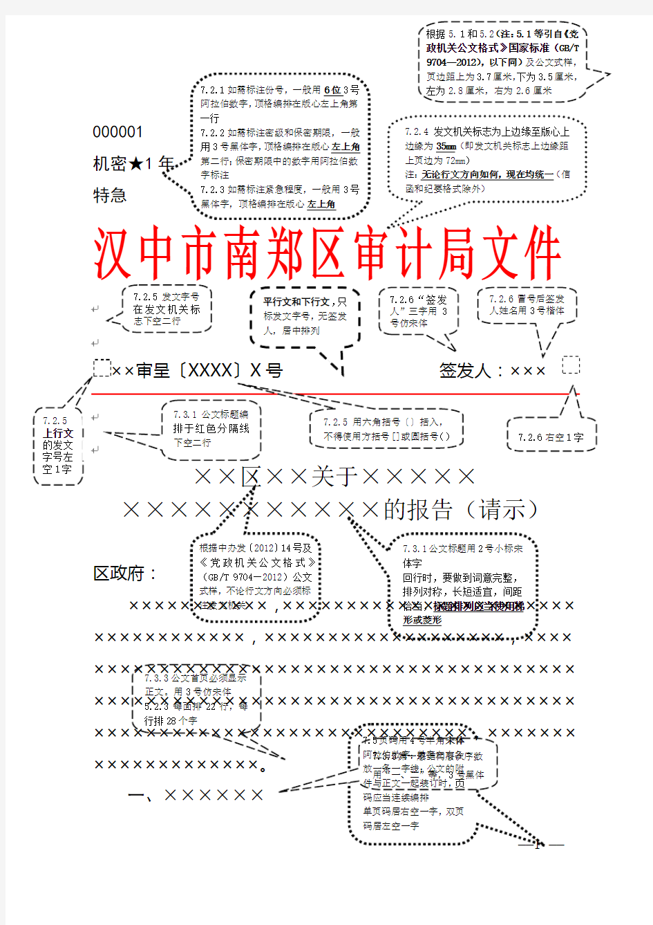 南郑区审计局红头文件报告请示格式模板