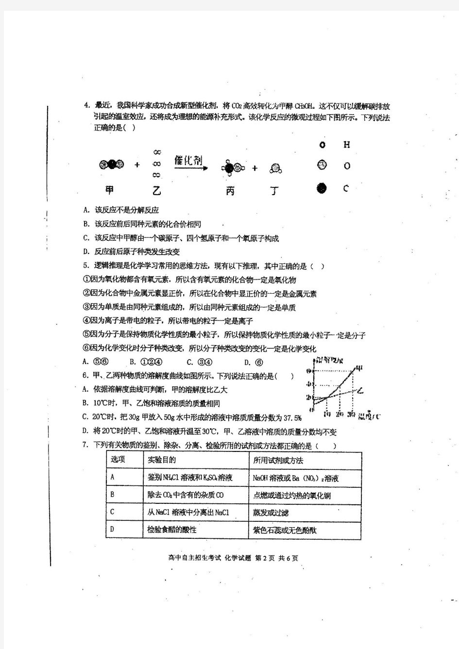 山东省枣庄三中2019年高中自主招生考试 化学