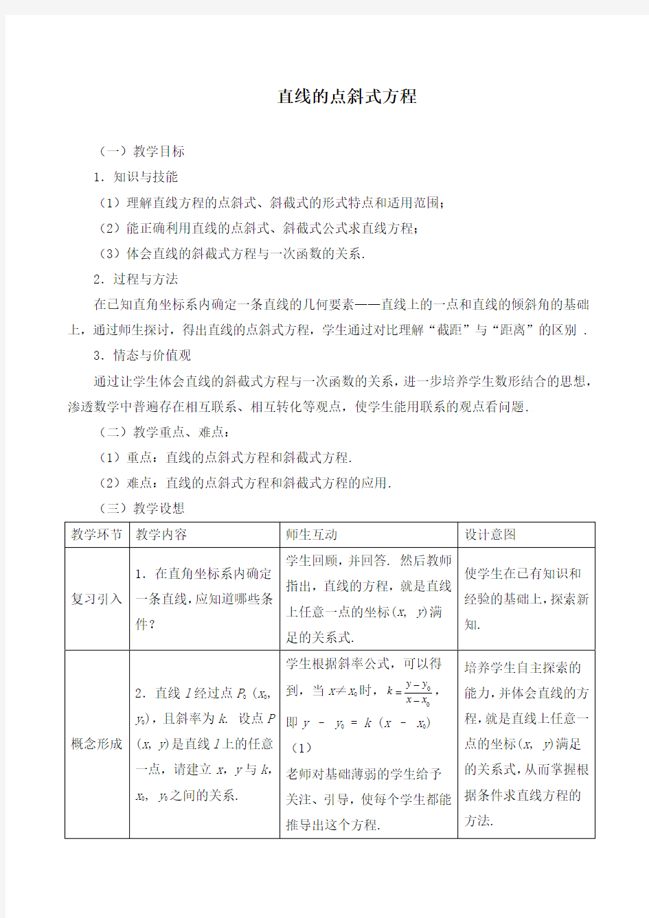 《直线的点斜式方程》教学设计(优质课)