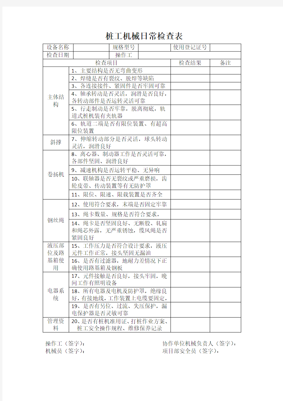 大型机械设备日常检查表