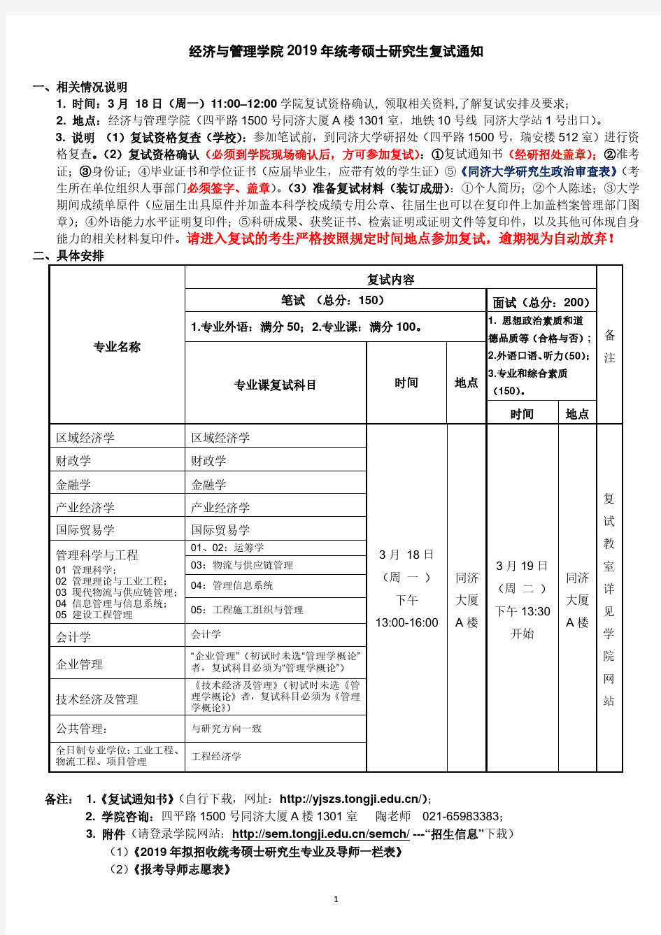 同济大学经济与管理学院2019年统考硕士研究生复试通知