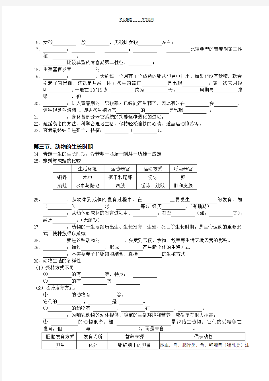 七年级下册科学知识点汇总复习填空背诵