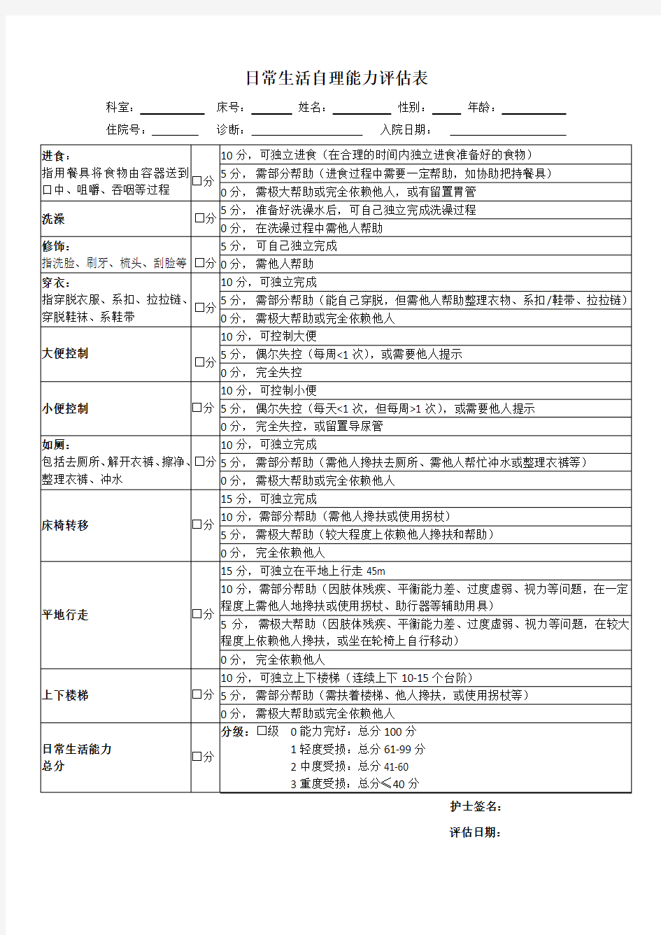 日常生活活动能力量表(ADL)