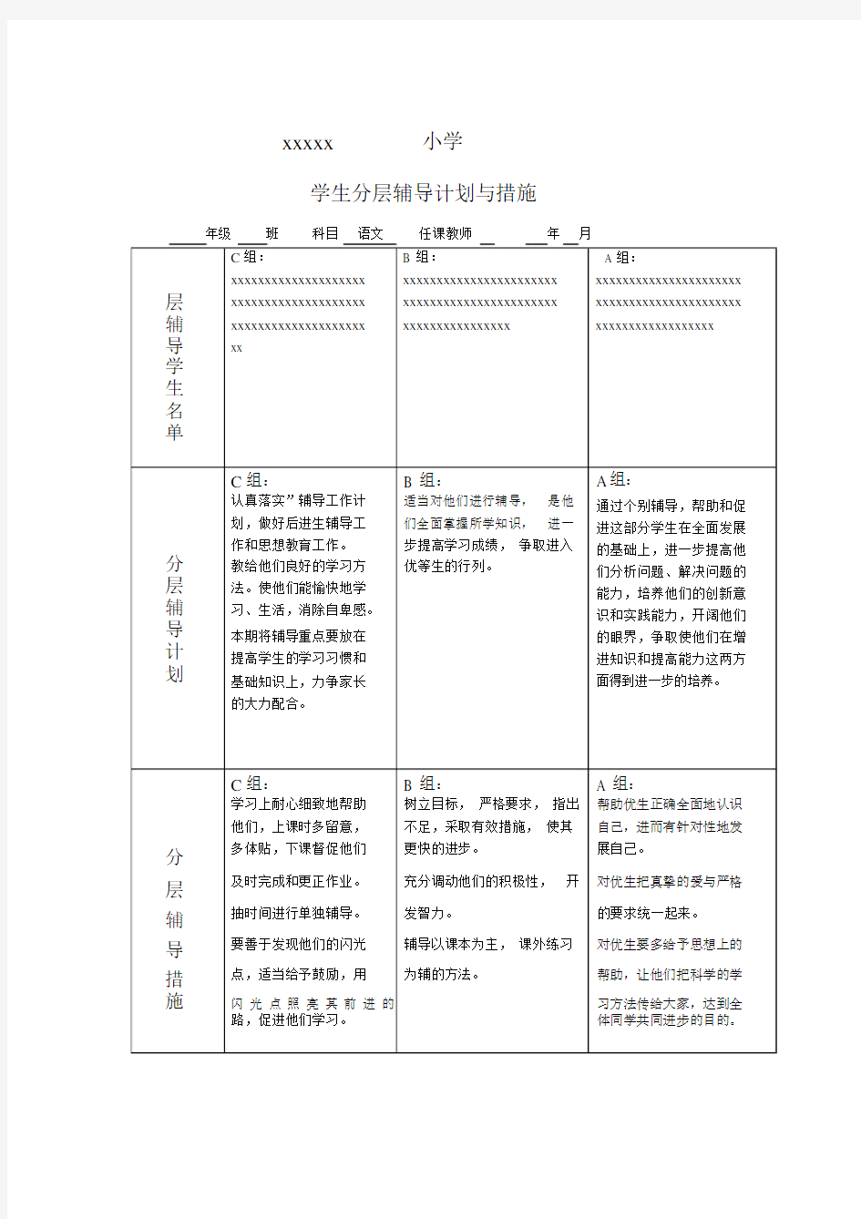 小学生的的分层辅导计划模板及有效措施.doc