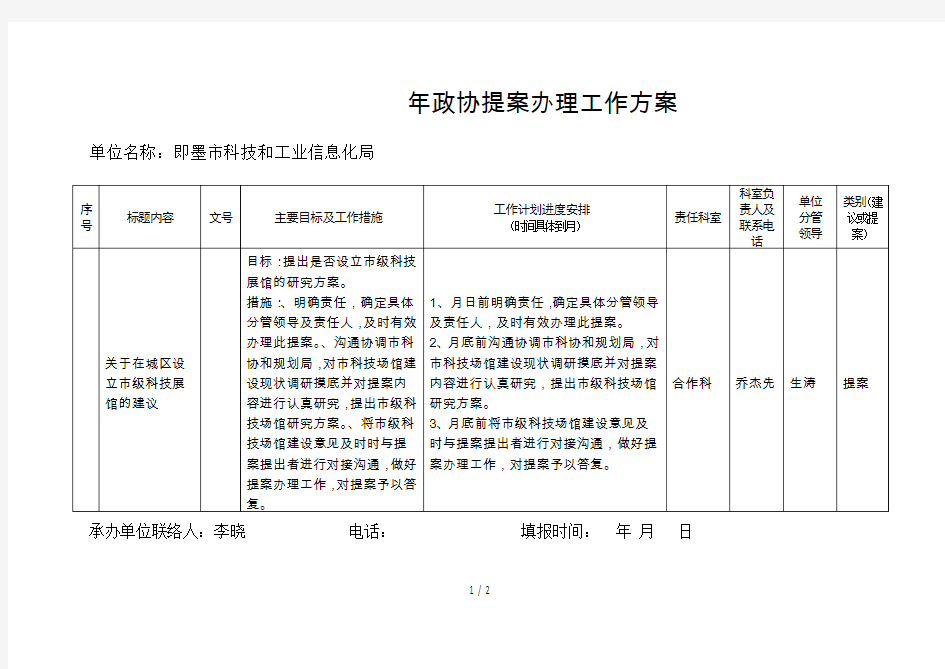 政协提案办理工作方案