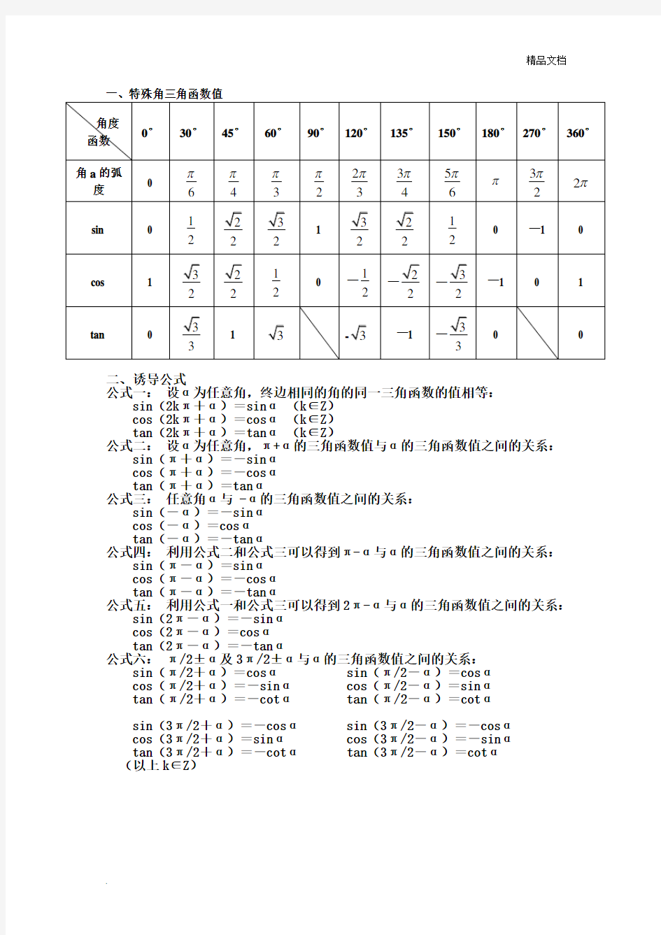 三角函数特殊角值表