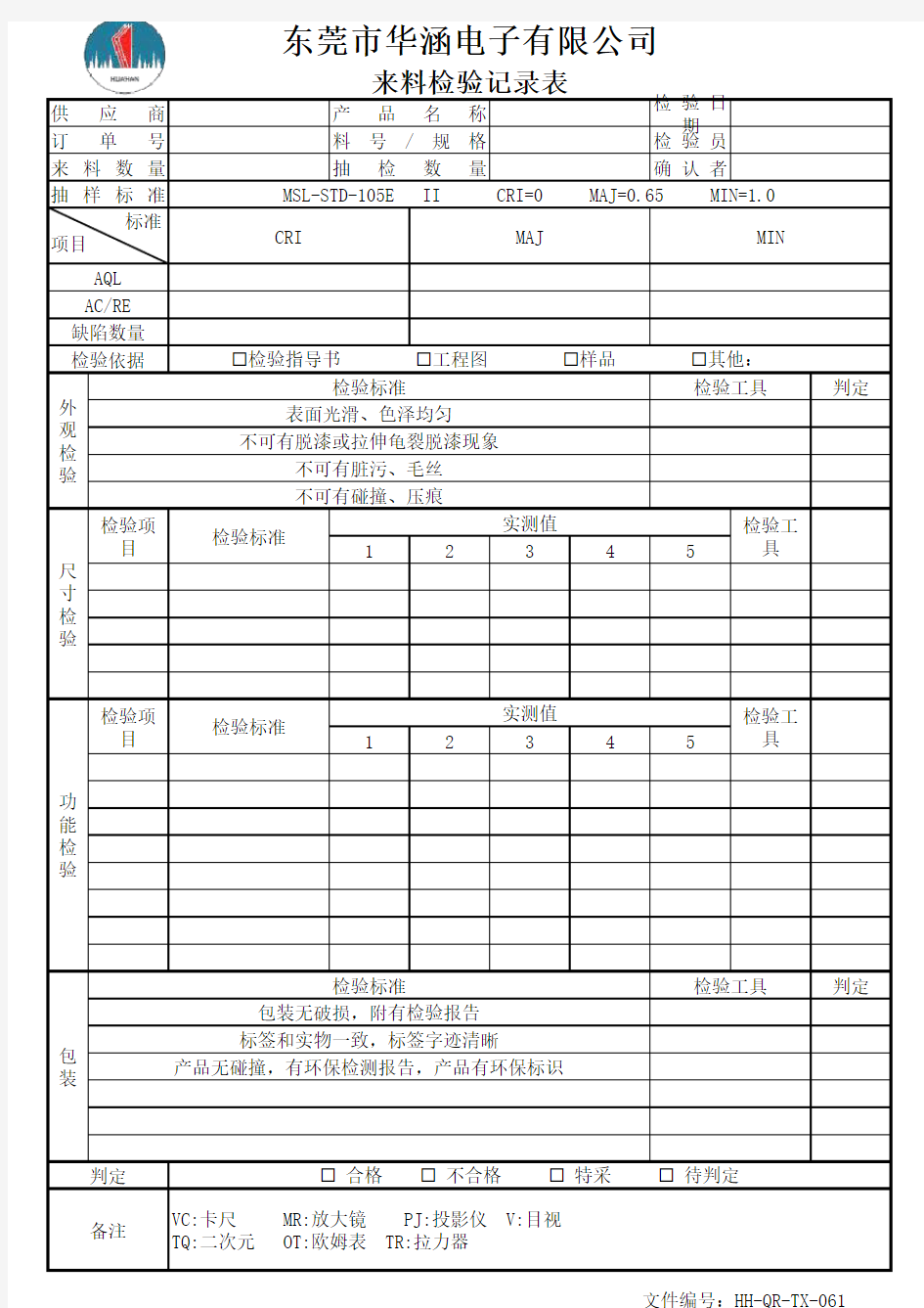 IQC进料检验记录表HH-QP-TX-061