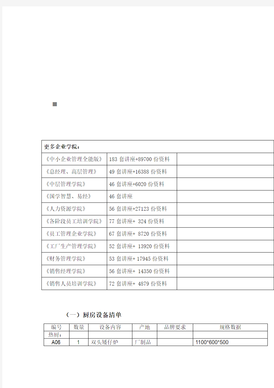 厨房设备清单与厨杂器具清单