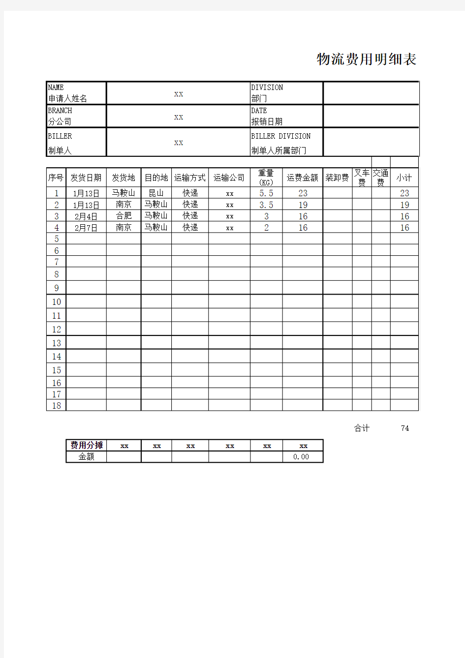 物流费用明细表2012年1月