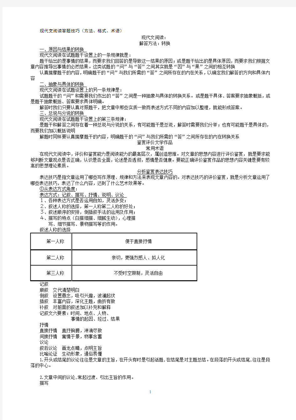 现代文阅读答题技巧(方法、格式、术语)