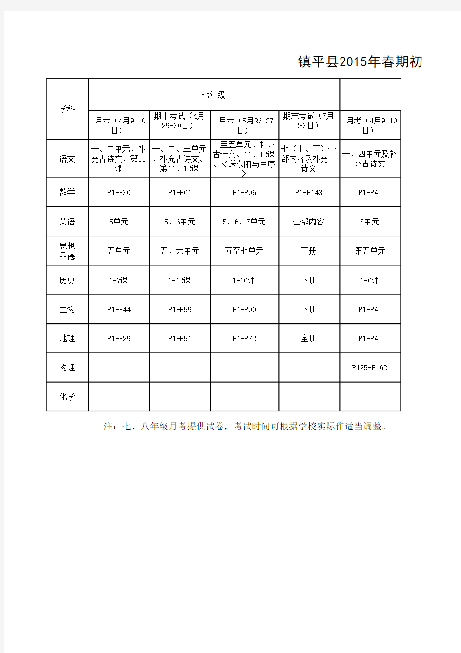 2015年春期初中教学进度表