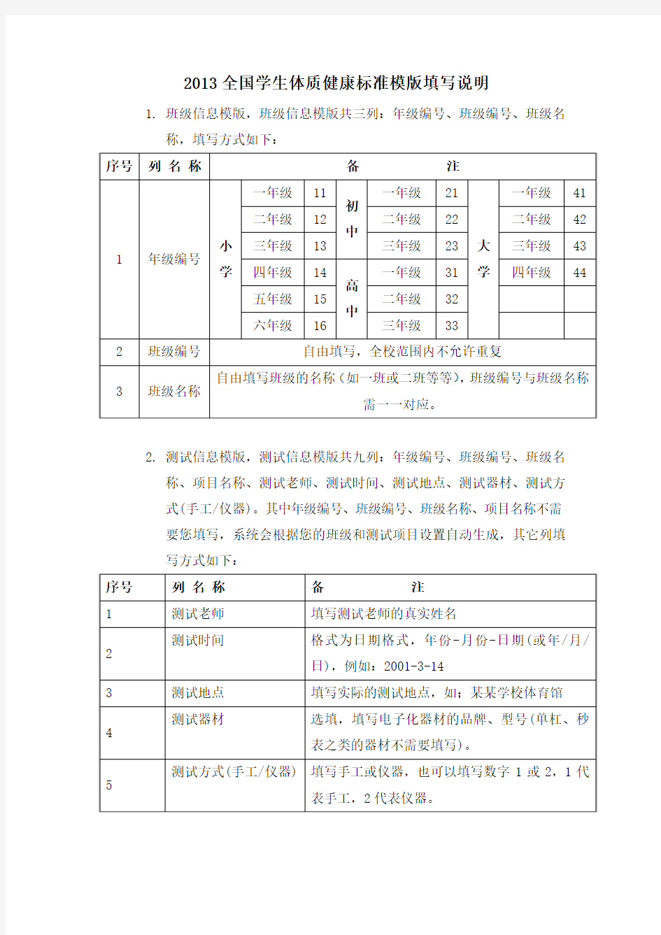 2014全国学生体质健康标准模版填写说明