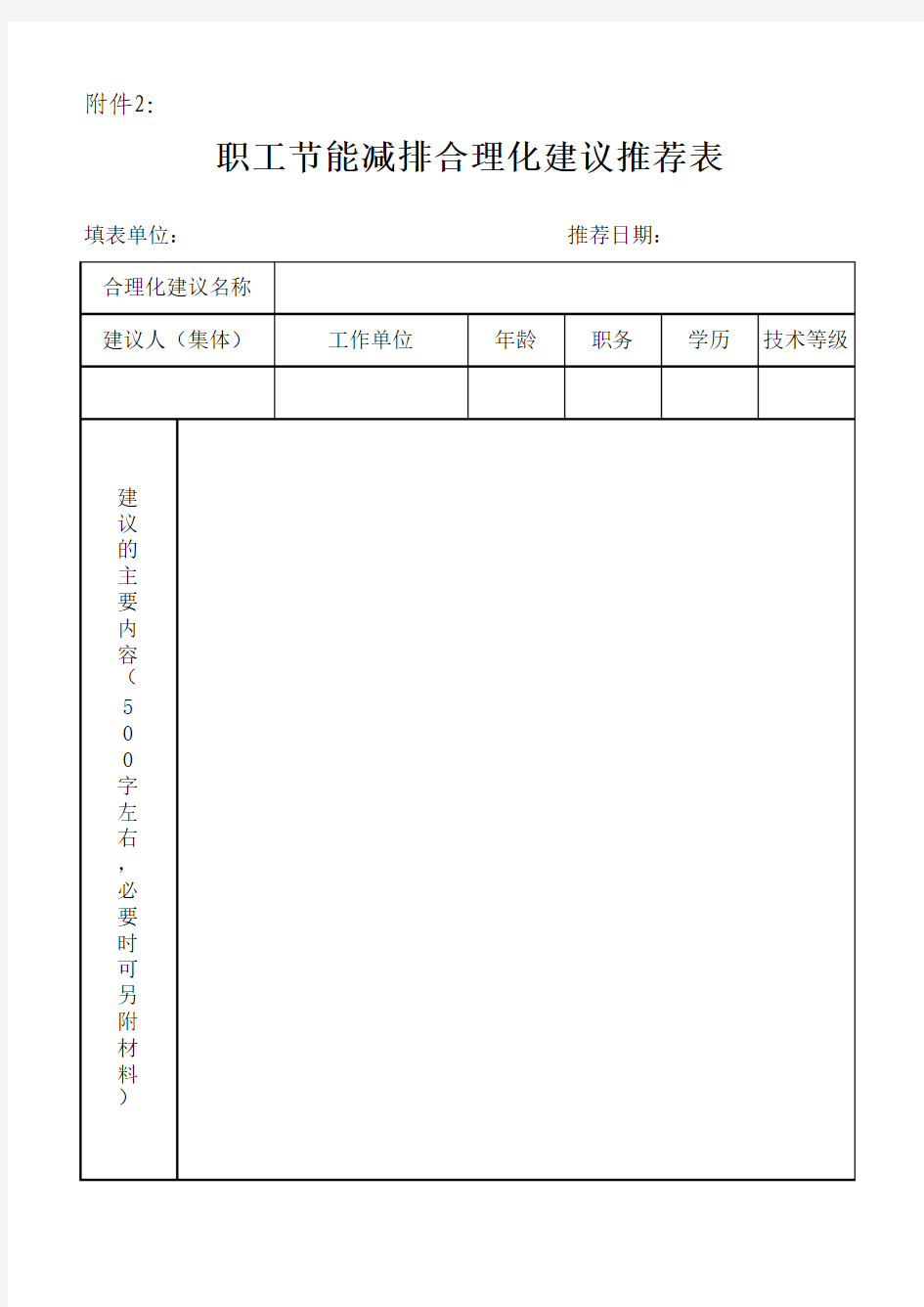 职工节能减排合理化建议推荐表