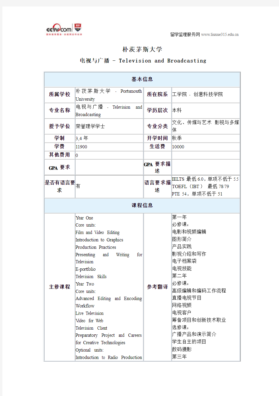 朴茨茅斯大学电视与广播本科