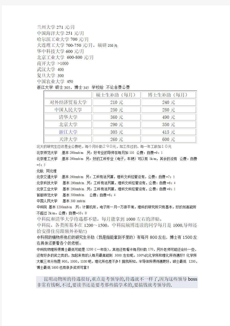 全国部分高校及科研院所博士及硕士待遇一览